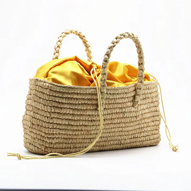 Handmade Crocheted Rough Raffia Braid Round Straw Raffia Tote Bag With Raffia Straps With Coton Lining Straw Bag