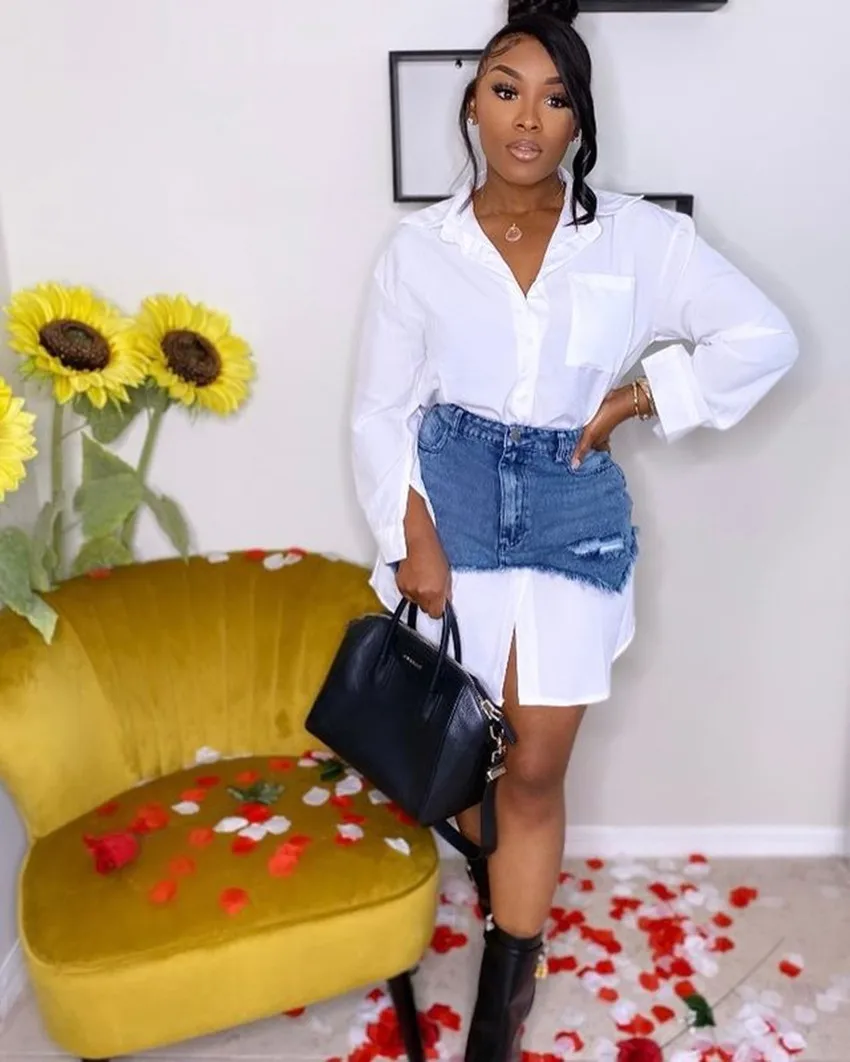 Hot Sell White button down custom plus size long sleeve loose ladies mini Casual Ripped Denim Skirt Shirts  Dresses For Women