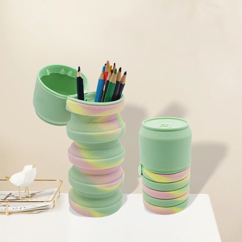 Wholesale Customize Pencil Case With Sucker Pen Pouch Silica Gel Folding Expansion Gradient Color Stationery Bag