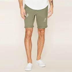 Doger Custom Print Logo Brand High Quality Khaki Distressed Hole Cuffed Denim Shorts Mens Casual Workwear Jean Chino Shorts