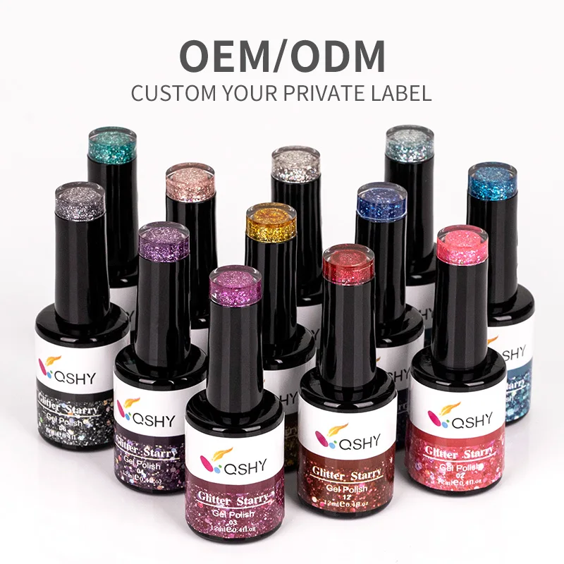 QSHY 12 Colors Flash Gel nail polish Private Label High shine nail art uv led reflective Glitter Starry Gel