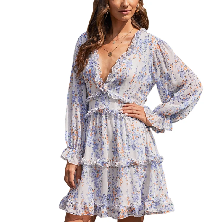 Ruffled Women Elegant High End Dresses Lady Chiffon Floral Print Mini Vestidos Casual Dress Custom Long Sleeve 2022 Summer Woven