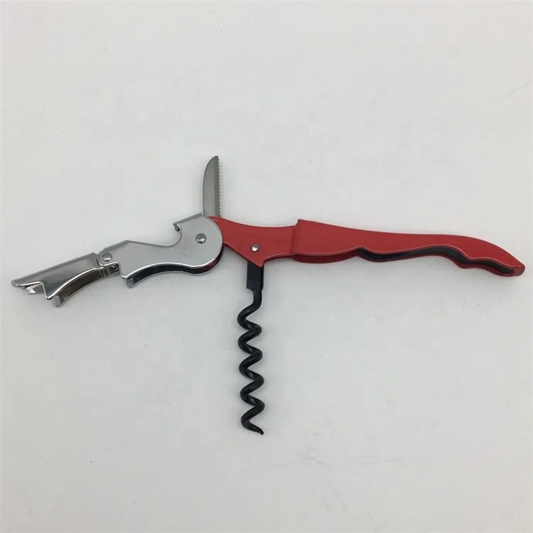 MOQ 100pcs Red Color Stainless Steel All-in-one Double Hinged Sea Horse Wine Bottle Corkscrew Foil Cutter Knife Can Opener