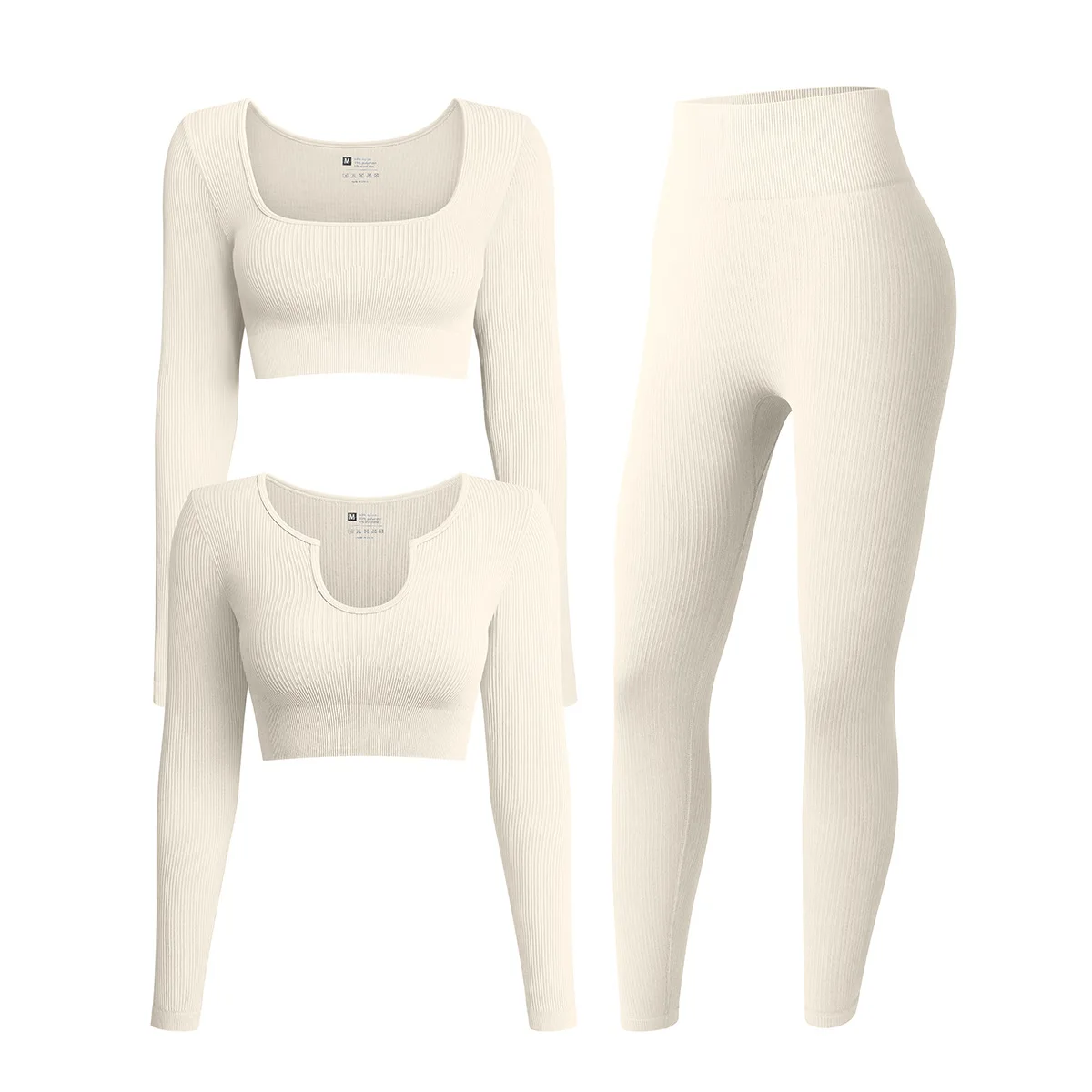 Custom Logo Women Gym Sport Wear Fitness Workout Active Wear Set 3 Piece Long Sleeve Crop Tops Yoga High Wait Leggings