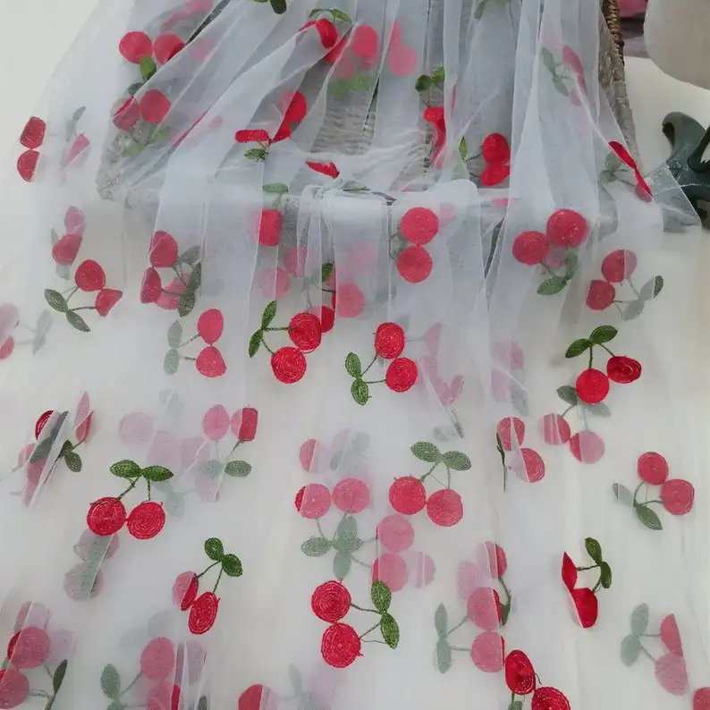 Soft Adorable Cherry Tulle Lace For Bridal Veils Tutu Dress Embroidered Fancy Red Cherry lace Tulle Fabric
