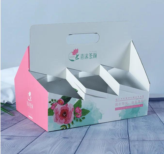 
Wholesale food corrugated double layers paper cup milk tea packaging can be printed kraft paper holder frame portable carton 