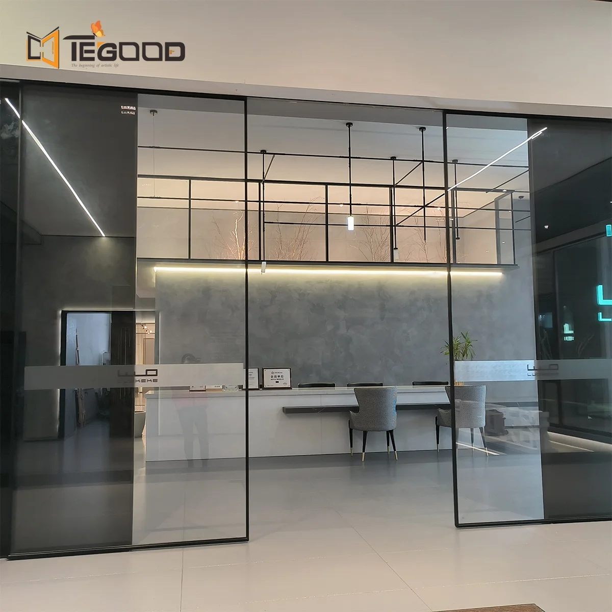 Tegood aluminum single or double tempered glass ultra-slim frame automatic sliding interior door for kitchen or bedroom