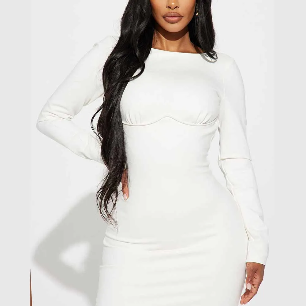 White long sleeve women sexy dress backless split up midi dress body con casual women wearing for daily occasion