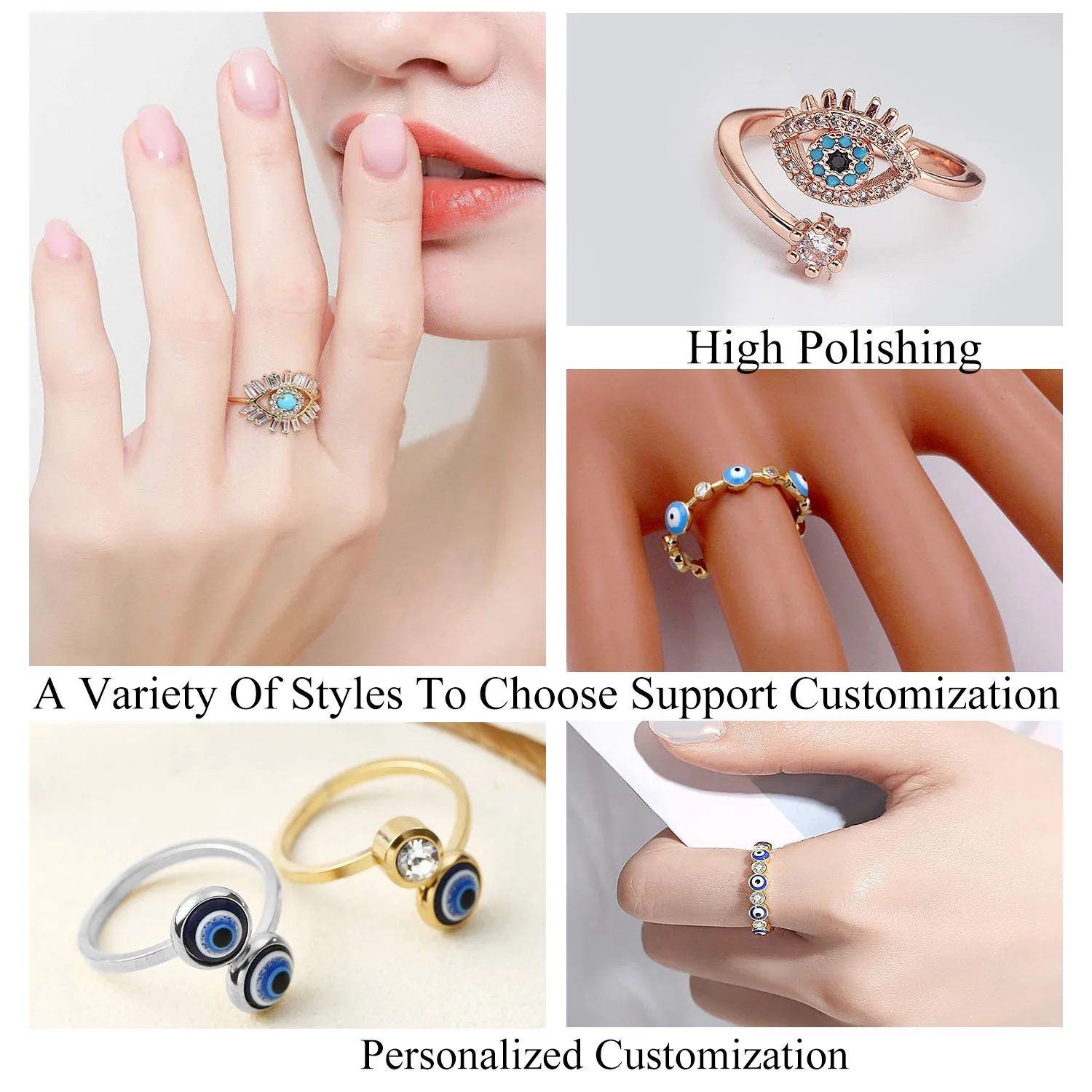 Fashion Transparent Hamsa Stones Dome Neon 18K Gold Plated Adjustable Stainless Steel For Women Diamond Rose Dainty Eye Ring