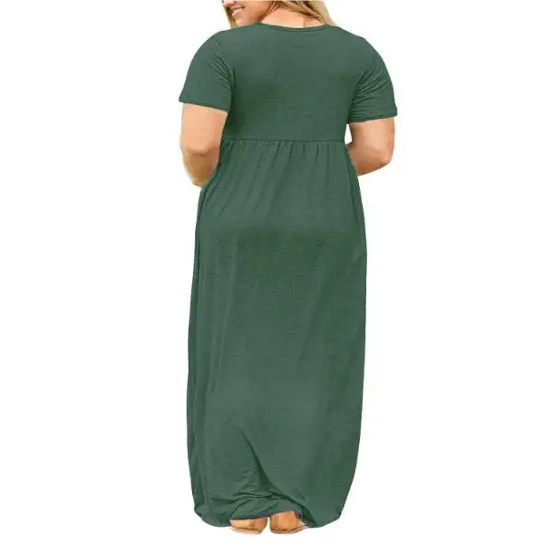 Plus Size Women Summer Sleeved Round Neck Pullover Buttery Soft Floaty Layered Maxi High Waistline Swing Dress With Pockets