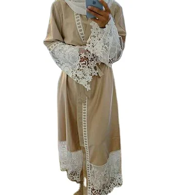 Shopee Hot Selling Islamic Clothing New Design Lace Hollow Cut Muslim Dress Open Robe Turkish Eid Mubarak Woman Beige Dress