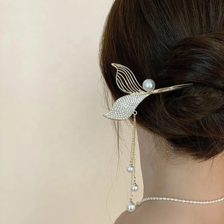 2022 new high-end beauty fish tail tassel hair hairpin pearl rhinestone chinese hairpin hair stick