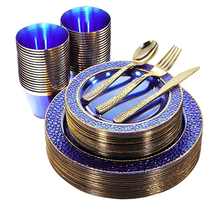 150PCS Clear Blue Plastic Plates with Gold Rim Gold Plastic Silverware-Disposable Wedding  Blue Plates