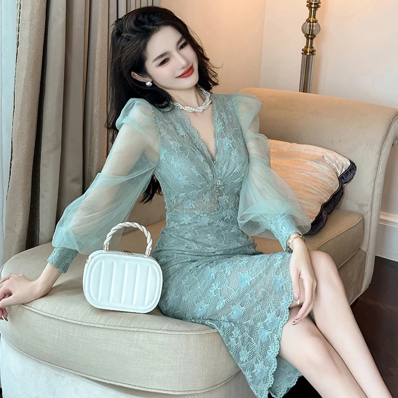 ZYHT 20269 Hot Selling Women Fashion Dresses Spring Autumn Puff Sleeve Floral Hollow Out Lace Printed Ladies Dress