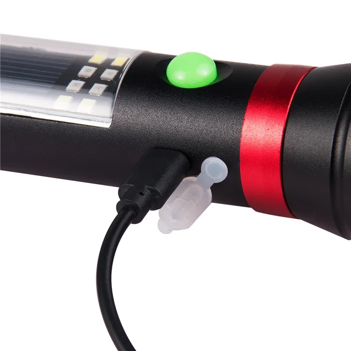 Zoomable T6 + 20 SMD LED Flashlight Solar power Torch Portable handheld USB rechargeable LED Torch Light with Alarm for Camping