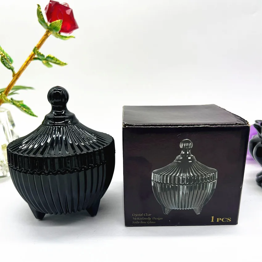 Home Decor Restaurant Coffee Bar Decor Elegant Black Glass Candle Holder Crystal Sugar Candy Bowl With Lid