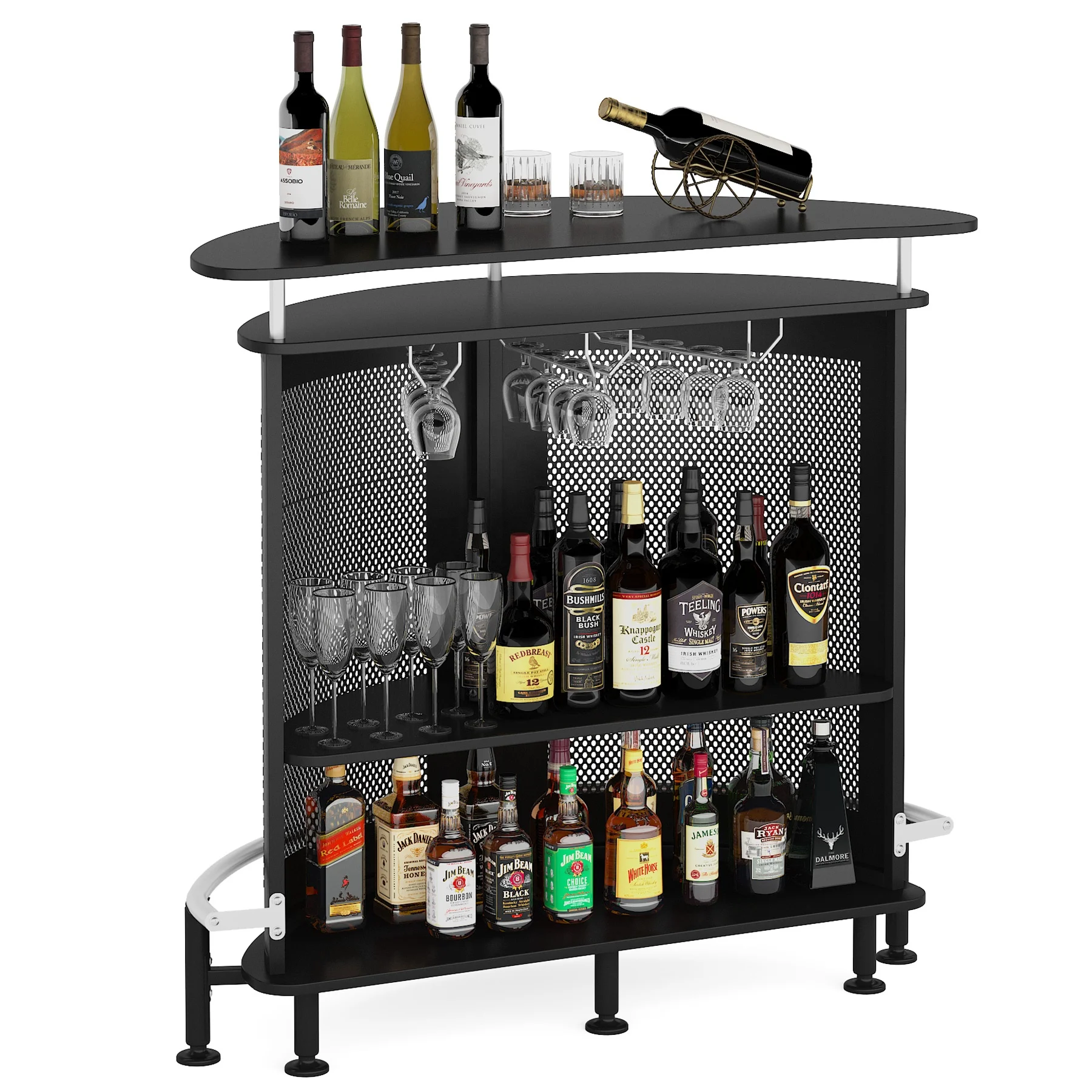 Tribesigns 4 Tiers Modern Design Mini Wine Bar Cabinets with Footrest Crescent Shaped Counter Metal Bar Table for Home Pub
