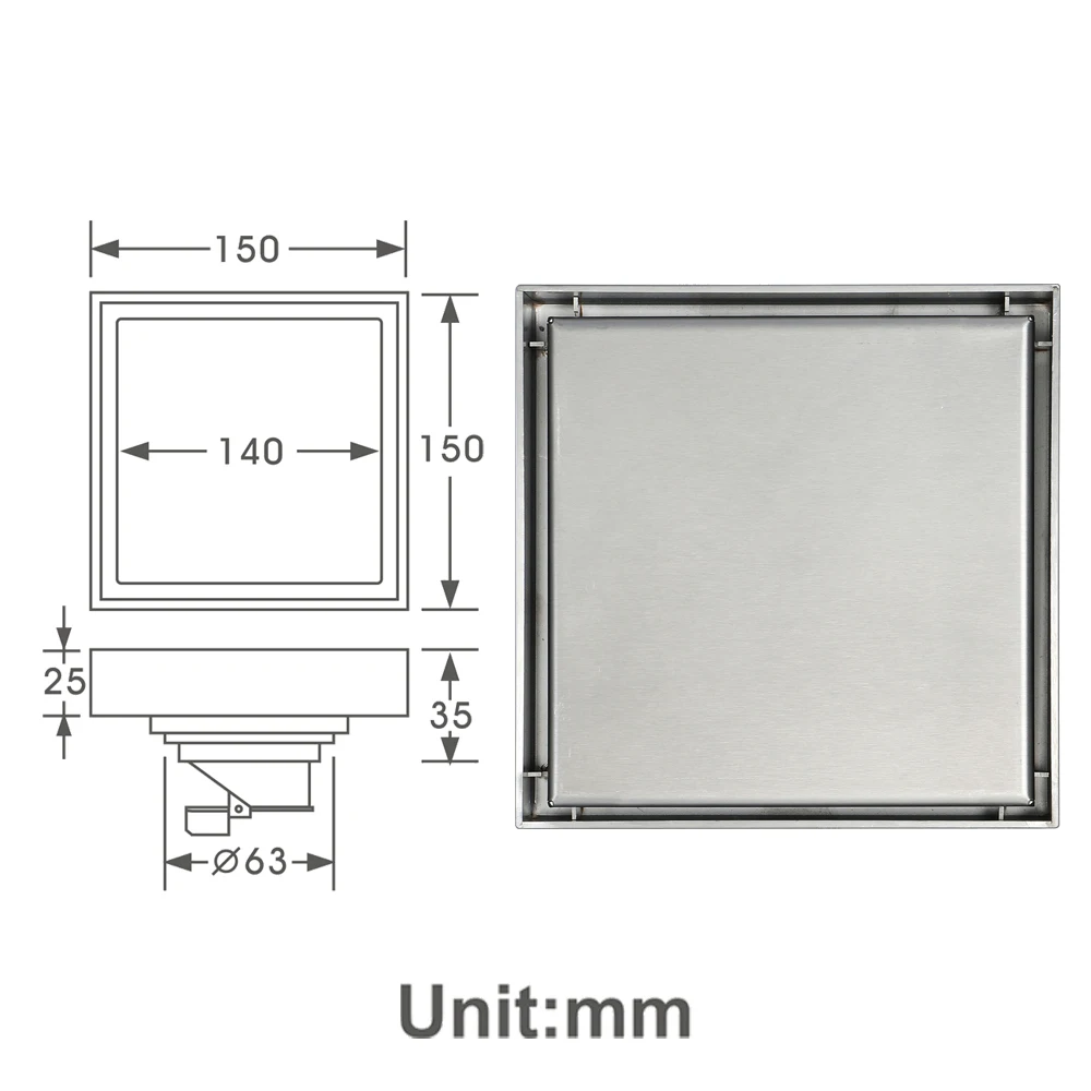 HIDEEP Bathroom Toilet Balcony Anti-odor Drains 15x15cm Square Stainless Steel Brushed Floor Drain
