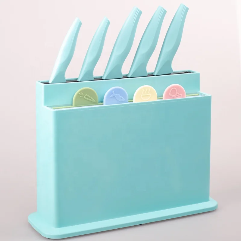 Unique Design multifunctional coloured index plastic kitchen chopping board and knife set with holder