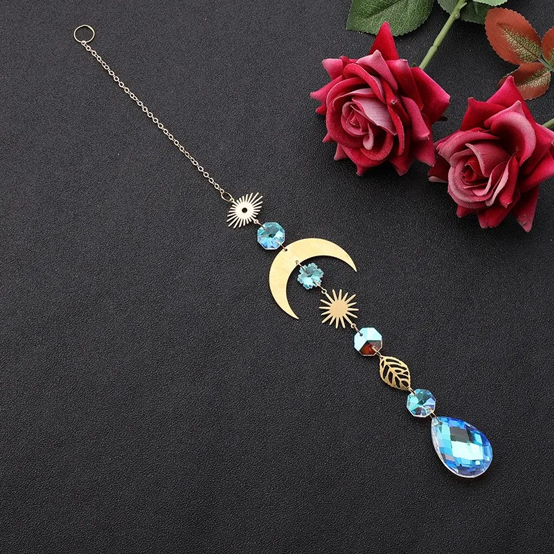 Wholesale Hanging Crystal Moon and Stars Sun Catcher Wind Chimes Gold Brass Glass Suncatchers For Window Decor
