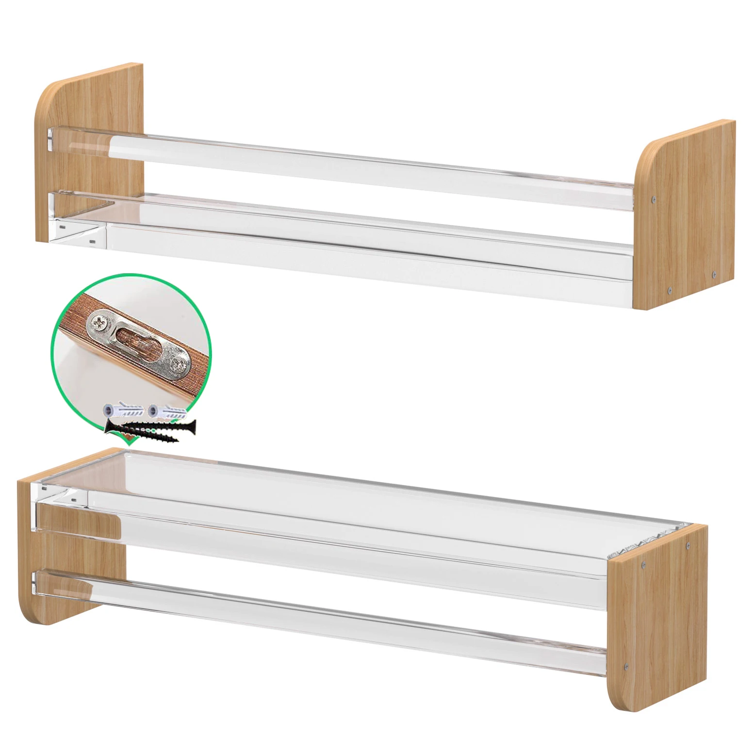 Custom Acrylic Wall Mounted Shower Rack Acrylic Wall Shelf with Solid Wood for Living Room, Bathroom, Bedroom, Kitchen, Offices