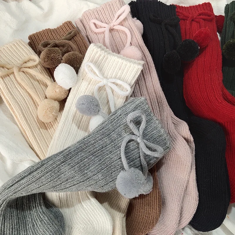 LRT New Design Wholesale European Knit Cotton Baby Knee High Socks Custom Cute Winter Pompon Ribbed Kids Long Socks