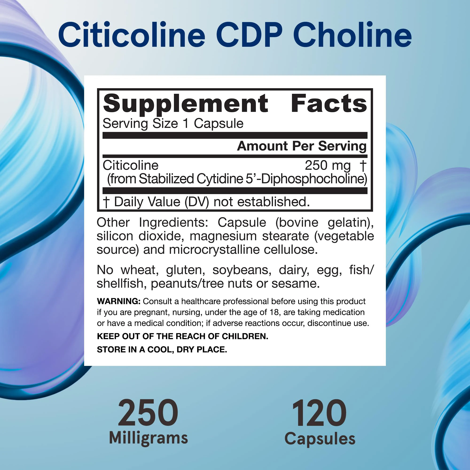 CDP Choline Veggie Capsules 250 mg Dietary Supplement for Memory and Brain Health