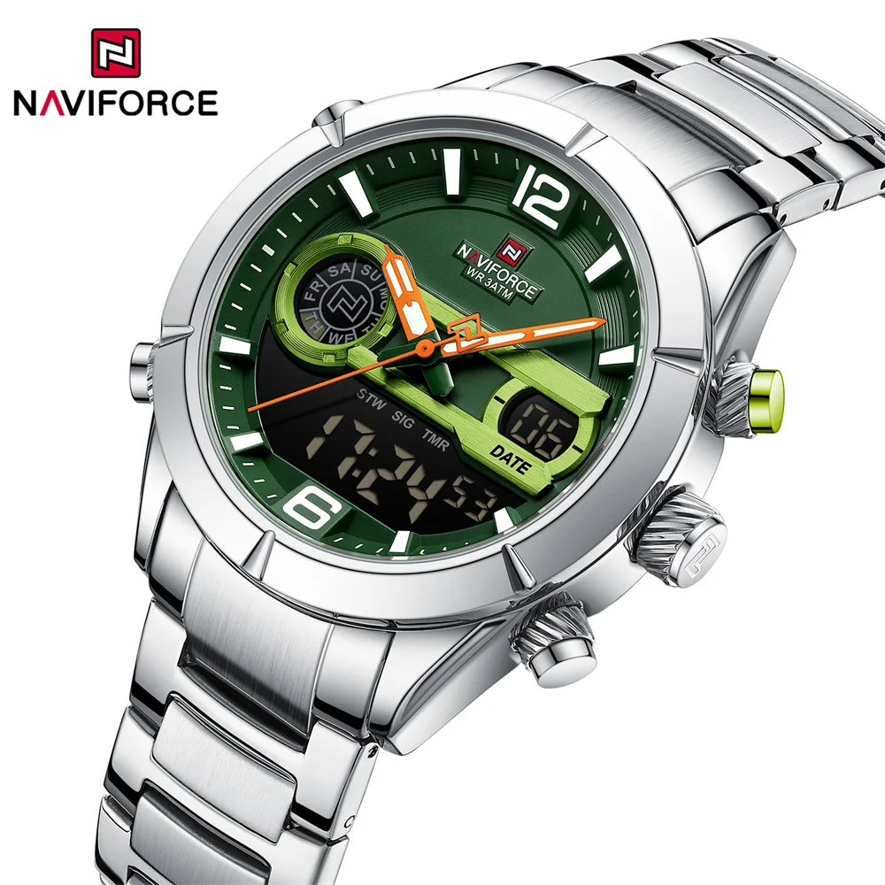 NAVIFORCE 9232 SGNS Green Large Dial Stainless Steel Quartz Analog Watch For Men LCD Digital Wrist Watch Men Luminous Hands