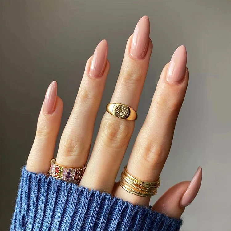 Wholesale Factory 24Pcs Short Almond False Nail Tips Full Cover Pink Gold Glitter Designed Gel Press On Nails