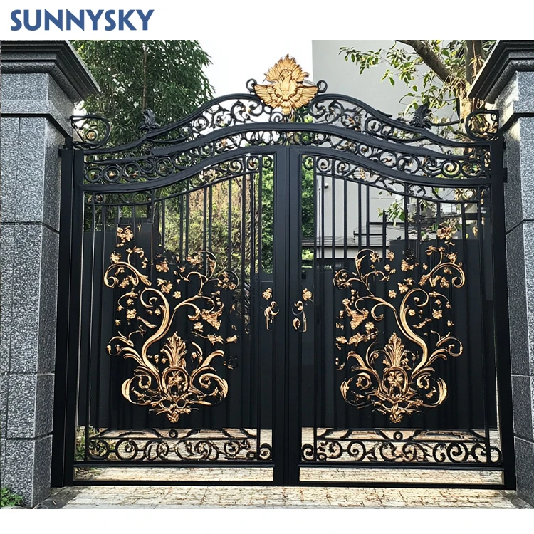 Sunnysky luxury antique wrought iron fancy main gate design driveway gate design boundary wall gate for sale