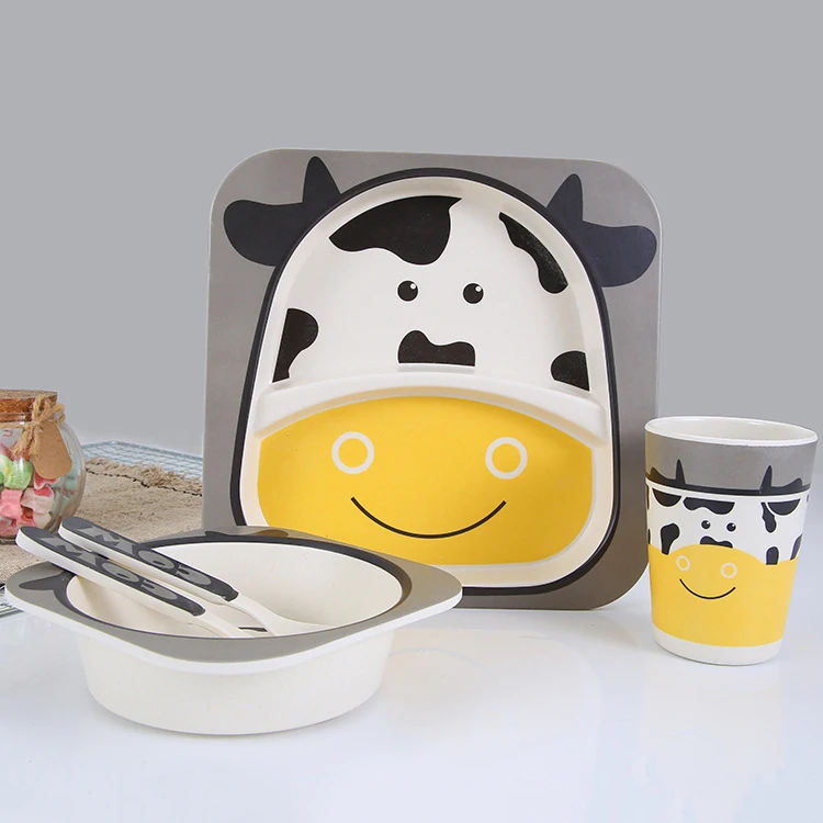 Cute cartoon BPA free bamboo fiber melamine children kids dinnerware set dinner plate tableware set