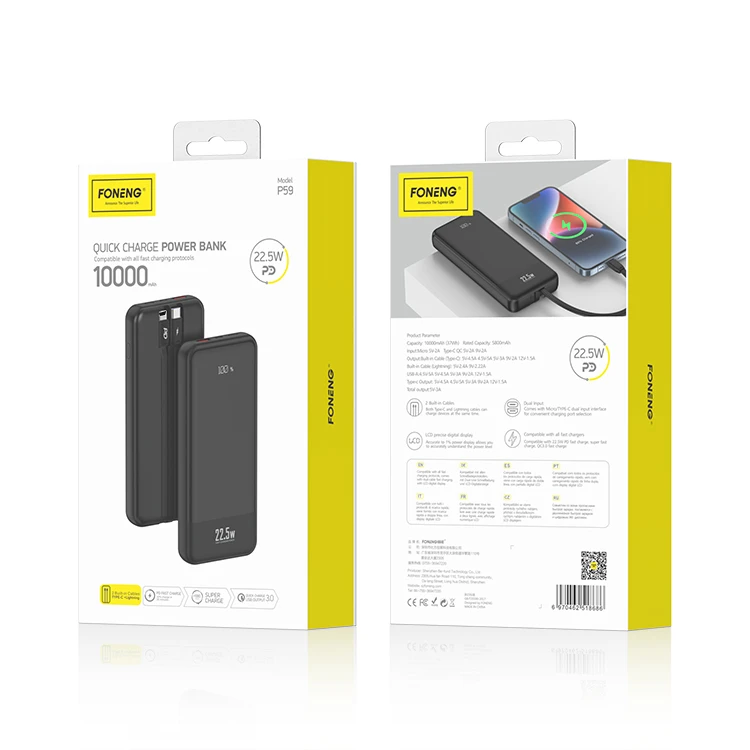 FONENG brand led display showing 10000mAh capacity power bank 22.5W fast charging slim body power bank buiding with cables