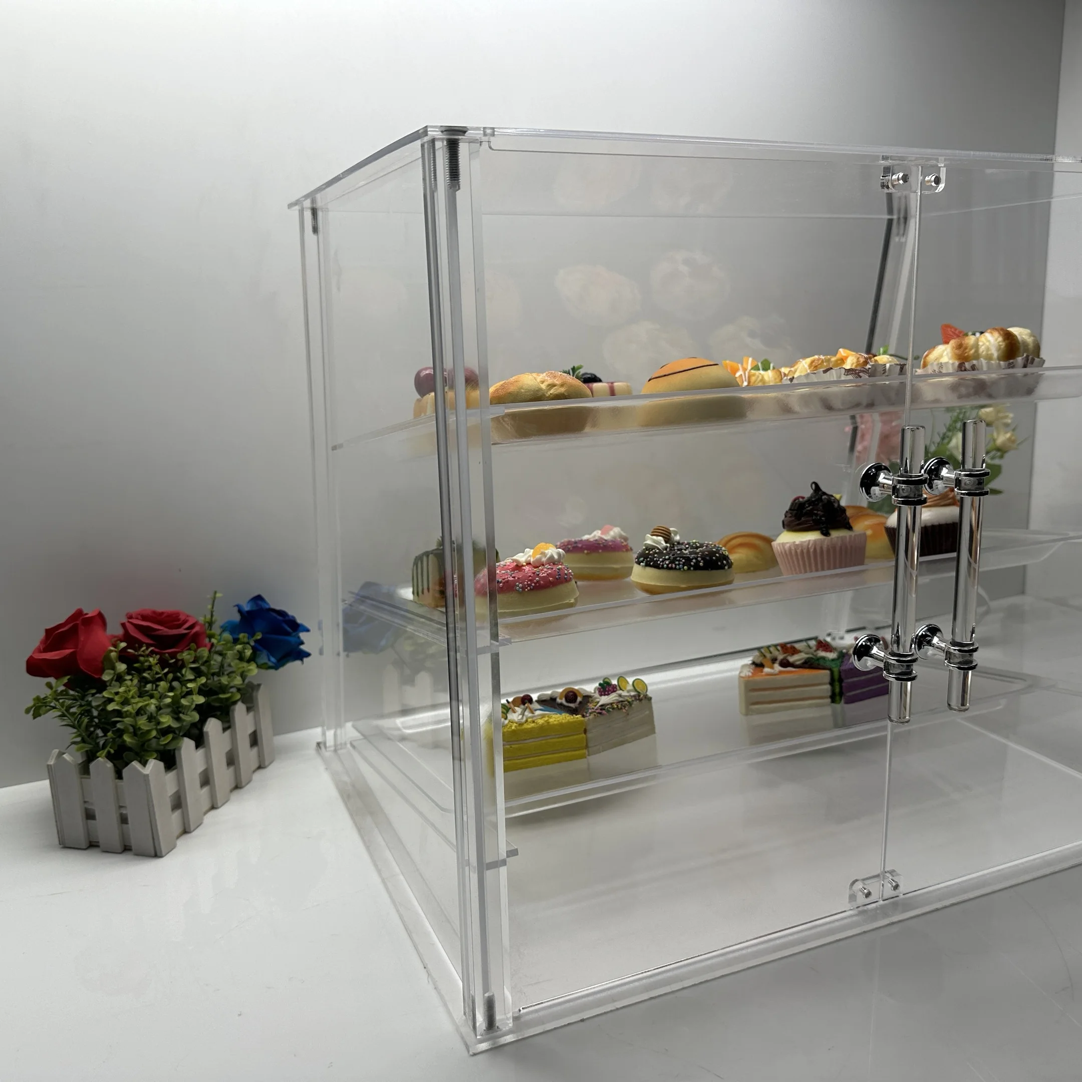 Countertop 3 Tray Acrylic Display Case Clear Acrylic Pastry Display Cake with Rear Door Acrylic Pastry Display