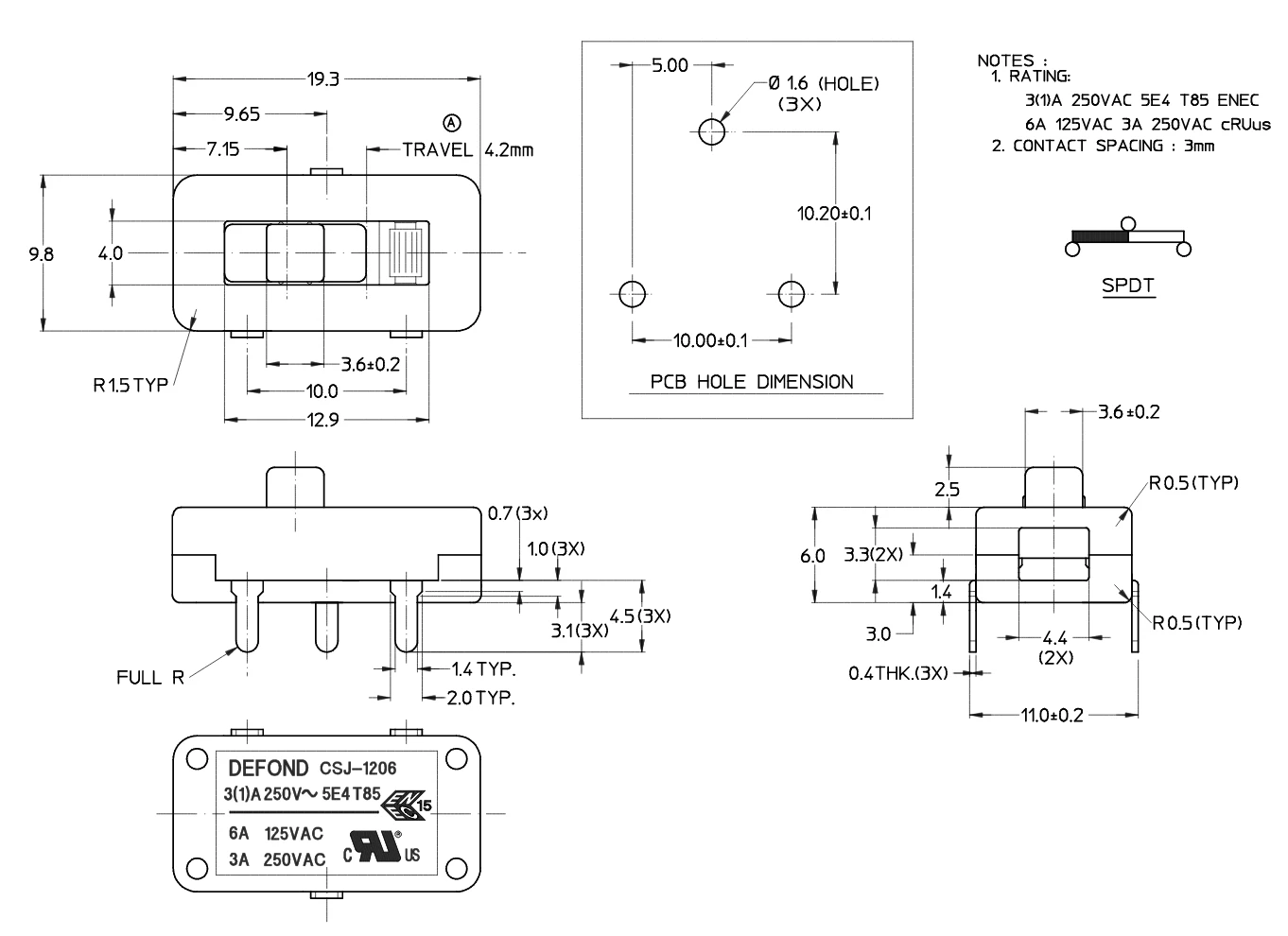 2 position sliding switches pcb hole dimension Defond CSJ-1206-PCP31-01R spdt slide switch for Curling Iron