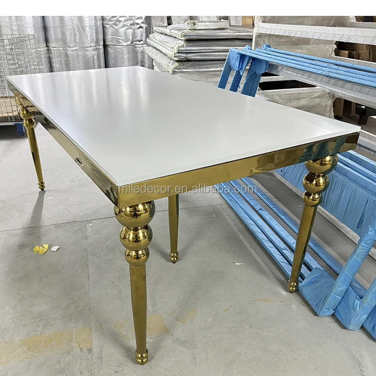 Factory Price 8 Seat Round Table For Wedding Table Gold Stainless Steel Legs White Top Table For Events