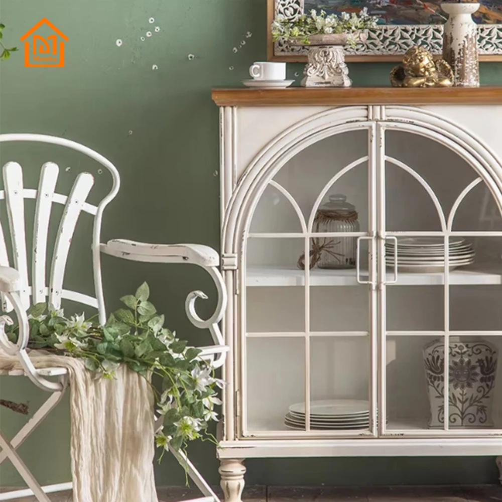 Contemporary European Vintage Kitchen Retro White Wood Storage Cabinet Showcase Display Stand Dining Living Room Furniture