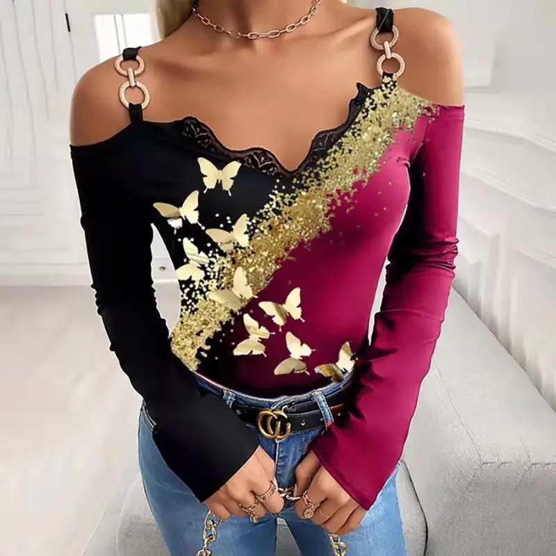 Fashion bronzing butterfly pattern tops for women low-cut sling women shirts 2021 lace edge plus size women clothing