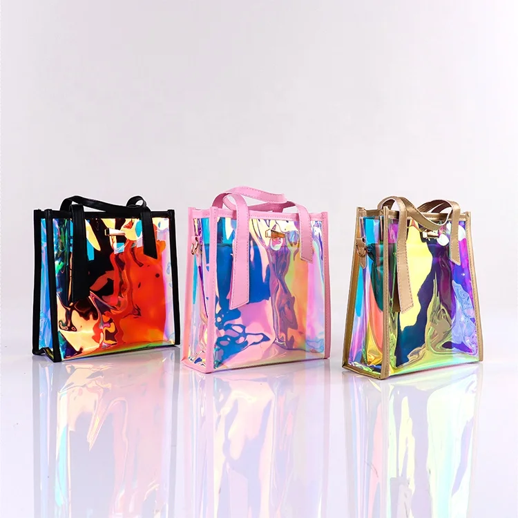 ISO BSCI wholesale economical and special shining transparent shoulder bag custom plastic handbag shoulder bag pvc tote bag