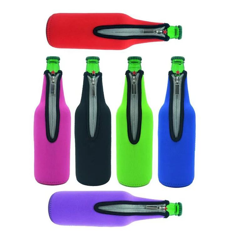 330 ML Insulated Zippered Neoprene Beer Bottle Cooler Sleeves With Stitched Edges