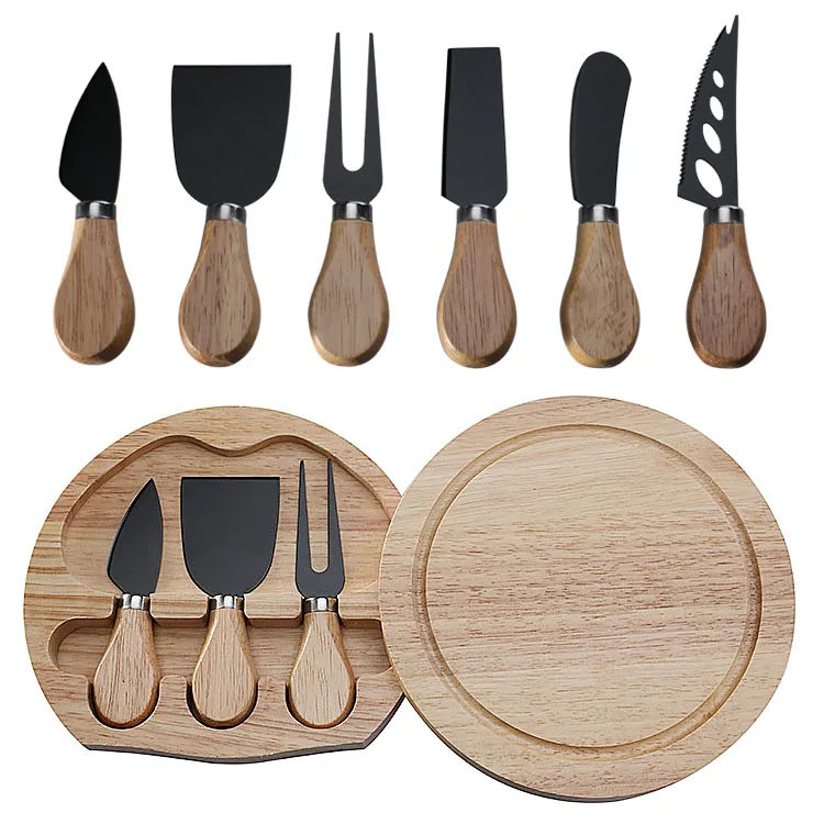 Practical Rubber Wooden Box 3 Piece Cheese Knife Set Stainless Steel Kitchen Utensil Knife Fork Spatula Combo