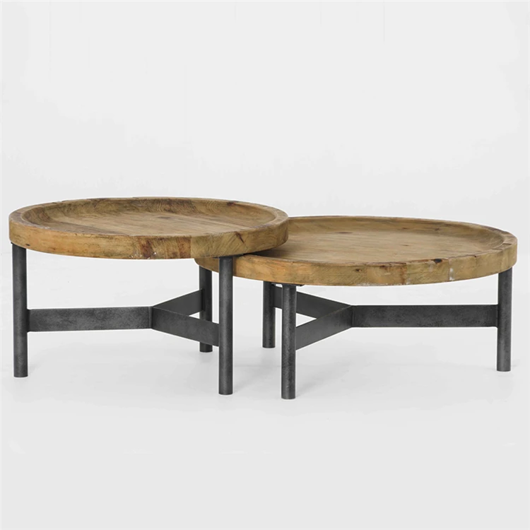 
Smart Coffee Table Round Wooden Industrial Reclaimed Pine Top With Metal Base 