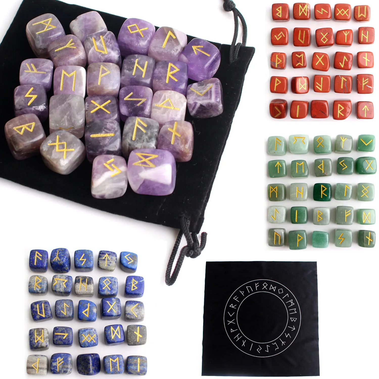 25pcs Natural Healing Cube Crystal Rune Tumbled Stones GemStone Amethyst Elder Divination Rune Set For Gifts
