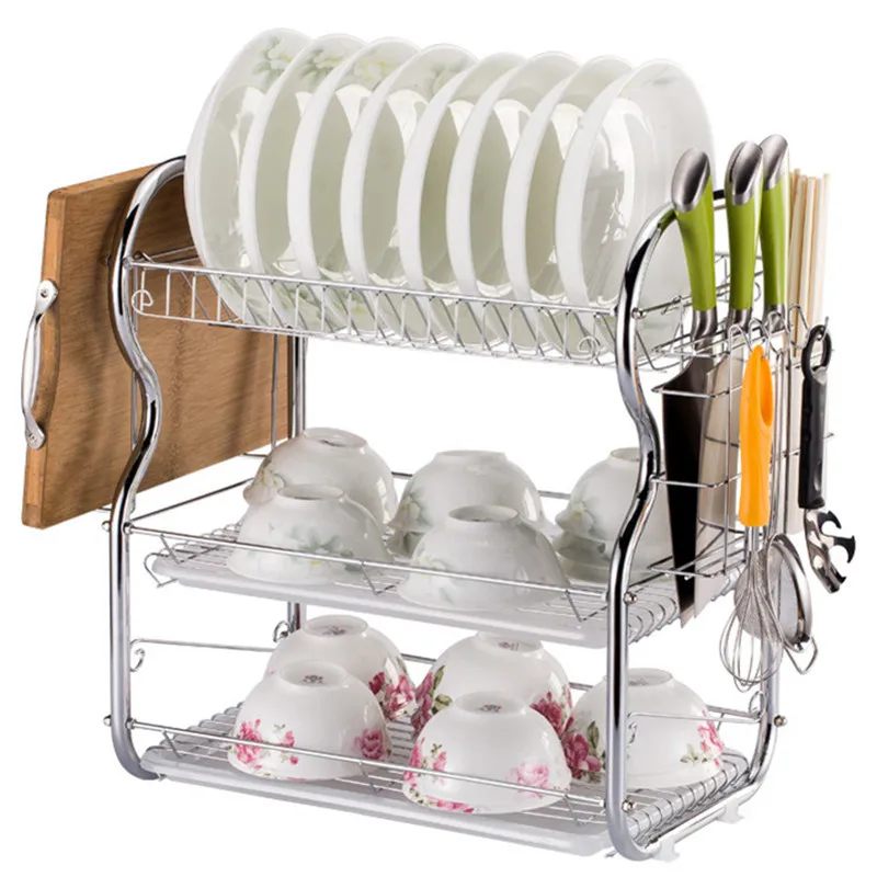 Three-layer B-shaped dish drain rack function dish insert knife cutting board rack kitchen storage rack