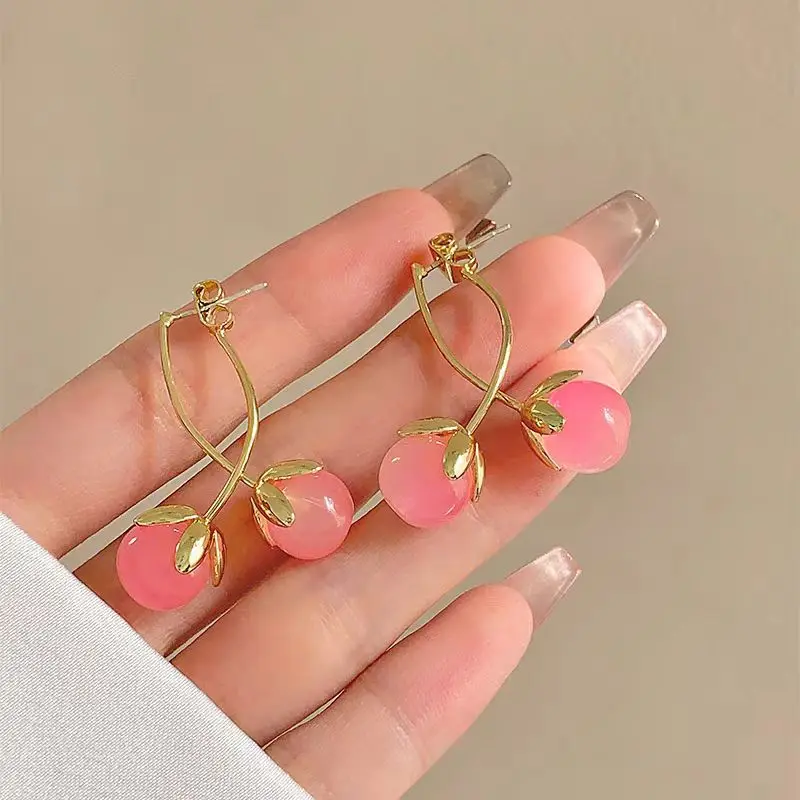 Korean Style Temperament Pink White Cherry Fruit Fringe Drop Stud Earrings for Women Girls Fashion Jewelry Daily Party
