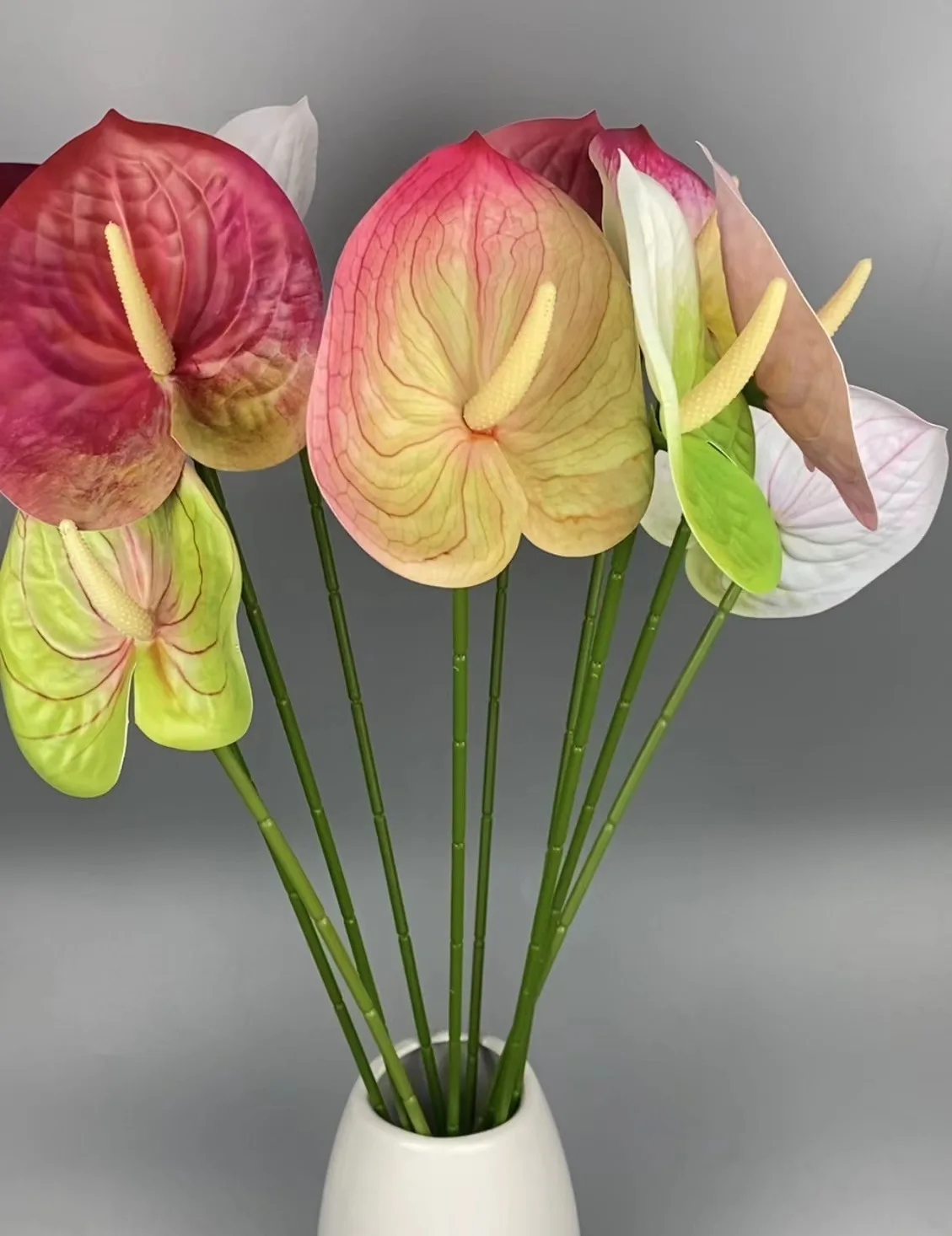 EG-S171 Handmade Single Faux White Green Artificial Anthurium Flowers Real Touch Anthurium Plant Indoor Home Decoration