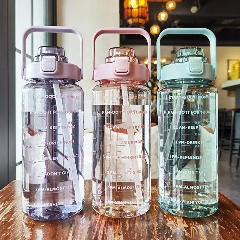 Custom Logo Reusable Gym Sports 2L Clear Motivational Half Gallon Plastic Water Bottle with Time Marker and Straw