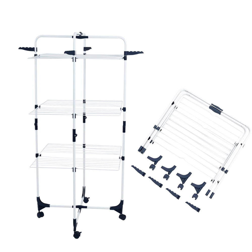 Wholesales 3 Tier 25m Foldable Tower Drying Stand Removable Metal Laundry Clothing Rack Children Hanger With Wheels