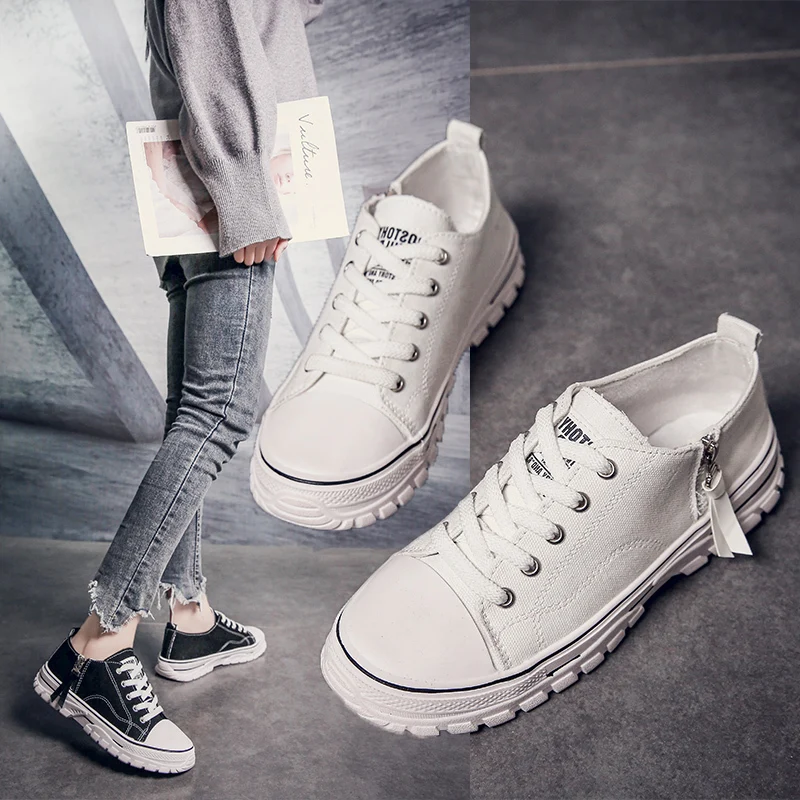 New cheap Black canvas white shoes comfortable flat women casual shoe