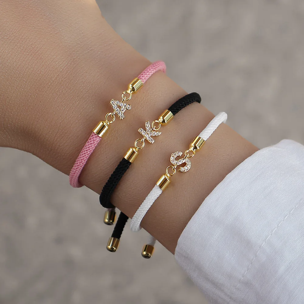 NEW Style Copper Micro Inlaid Zircon  Letter 18k Gold Colorful  Cord Bracelet Adjustable Initial Letters Rope Bracelet