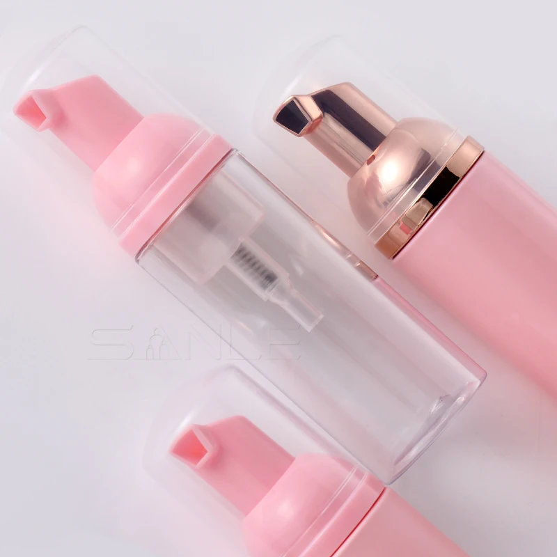 Custom logo 30ml 50ml 60ml  pink pet empty plastic frosted foaming bottles with gold foam pump for lash cleanser bottle